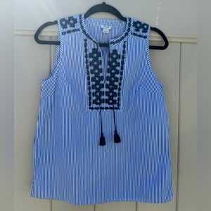 Like New J Crew Blue and White Stripe V Neck Blouse With Tassels Size 2 Tank